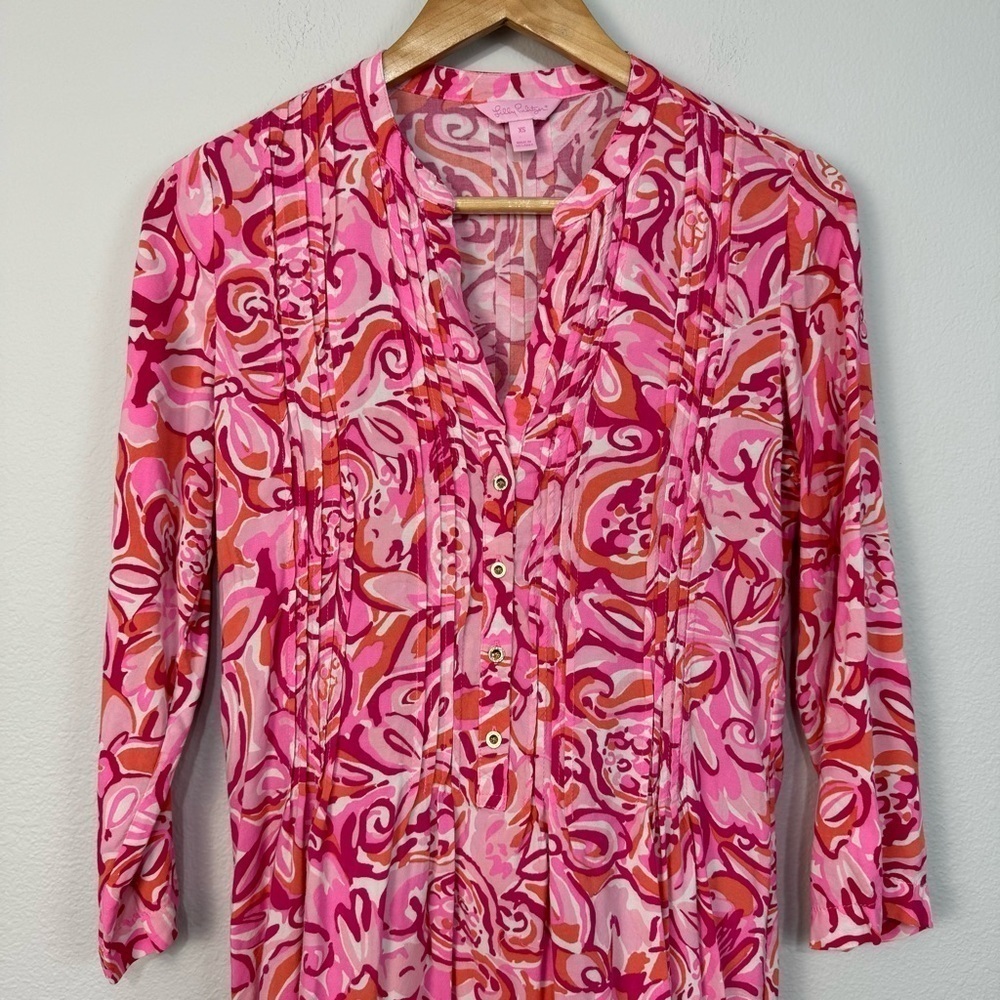 Lilly Pulitzer Sarasota Pintucked Tunic Dress Mini Mango Salsa Size XS Women - Picture 3 of 16